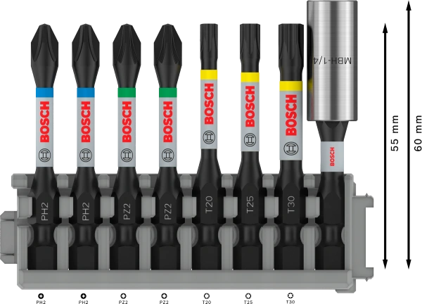 PRO Impact Screwdriver Bit Set  PH2; PZ2; T20; T25; T30 60; 50; 50; 50 50 mm Screwdriver Bit:
PH2 (2x); PZ2 (2x); T20; T25; T30.
60 mm Bit Holder:
Standard Bit Holder. 8 Pcs